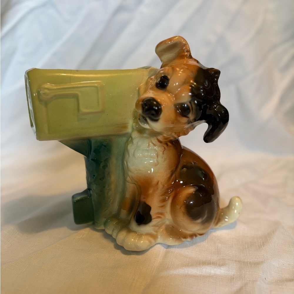Vintage Ceramic Dog Figurine with Mailbox Planter